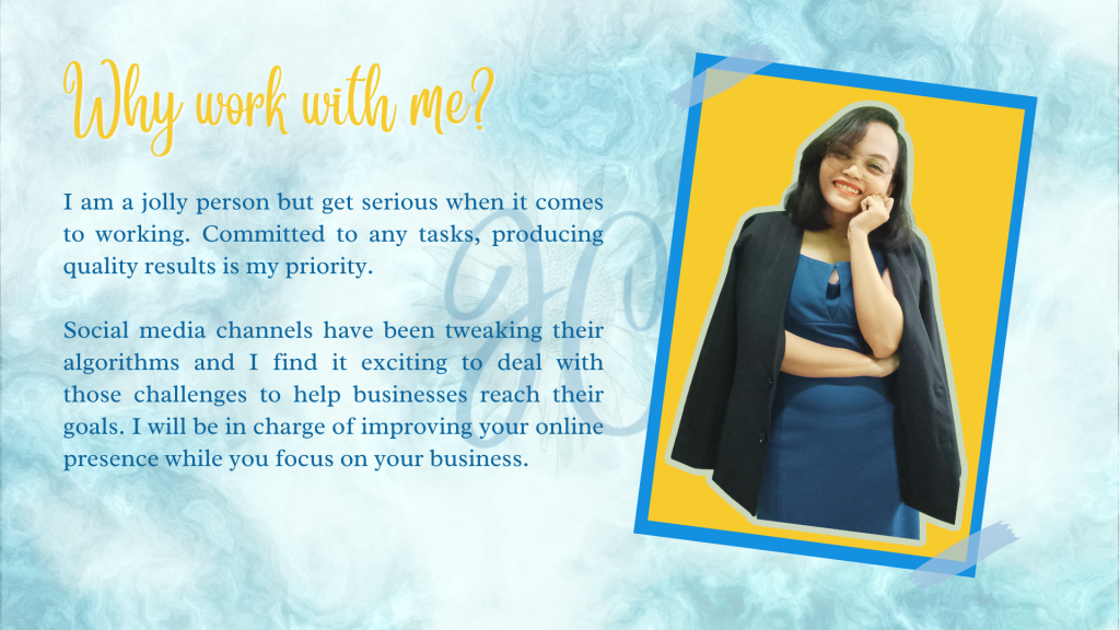 I will be in charge of improving your online presence while you focus on your business.